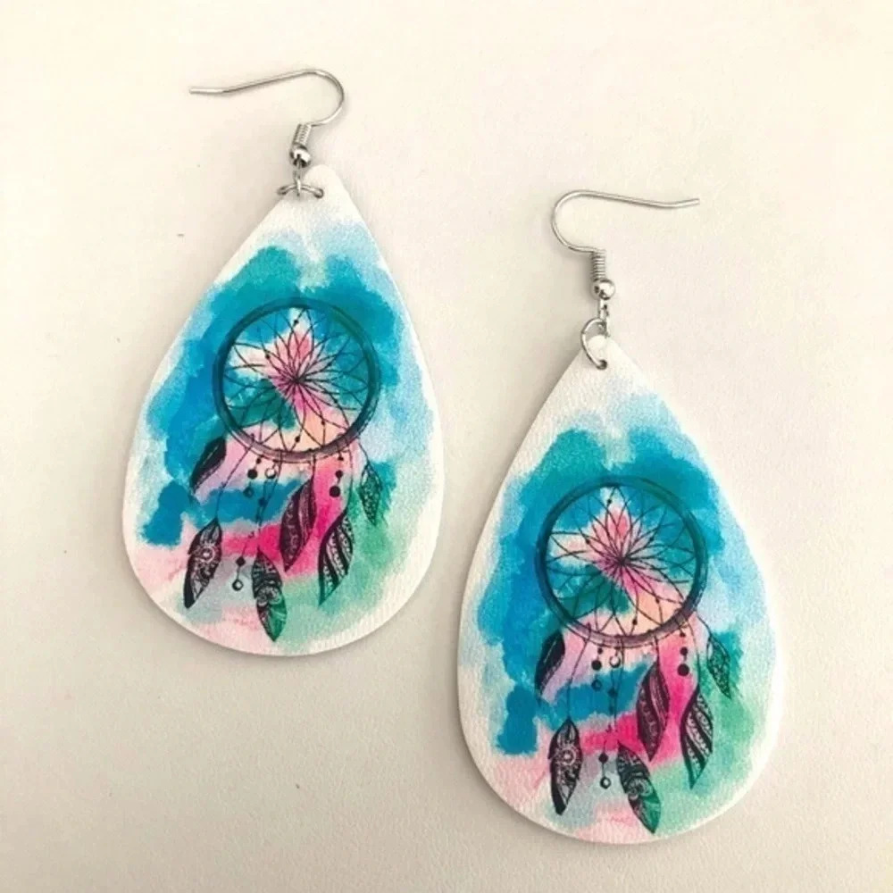 Watercolor Dream Catcher Teardrop Faux Leather Die-Cut Earrings NWT